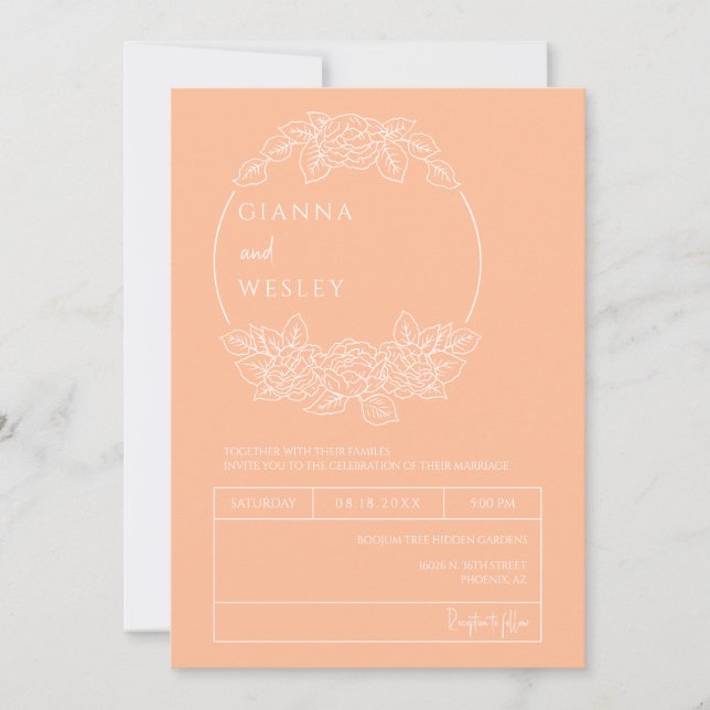 Peach Botanical Line Art Boho QR Code Photo Invitation (Front)