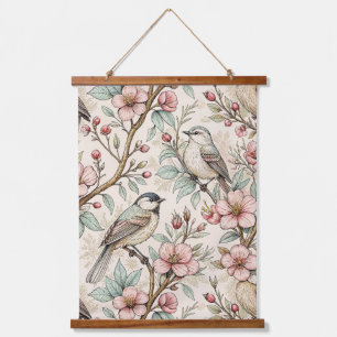 Peach Botanical Songbird Black Ink Floral Pattern Hanging Tapestry