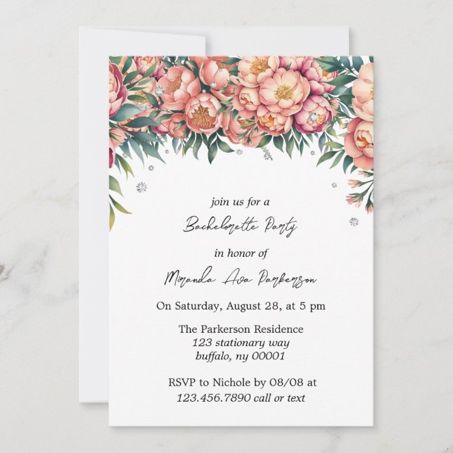 Peach Bouquet with Diamonds Bachelorette Party Invitation (Front)