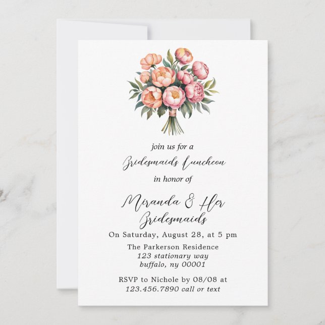 Peach Bouquet with Diamonds Bridesmaids Luncheon Invitation (Front)