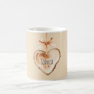 Peach Bow Faux Wood Heart Coffee Mug
