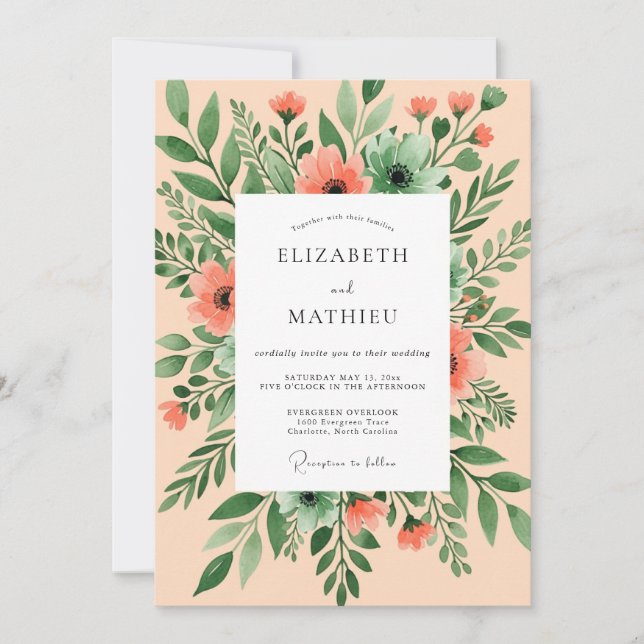 Peach Breezy Watercolor Wedding Invitation (Front)