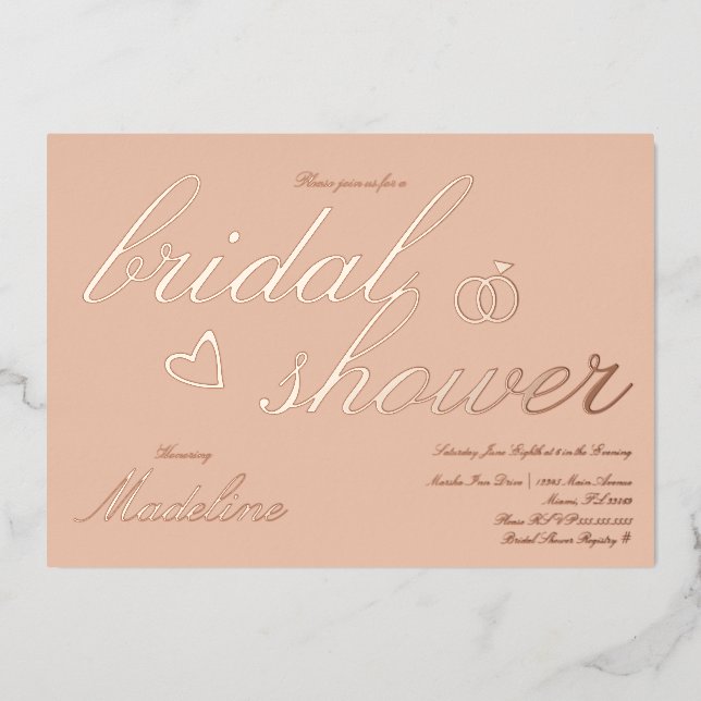 Peach Bridal Shower Heart  Pressed Foil Invitation (Front)