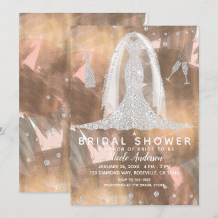 Peach Bronze Diamond Wedding Dress Bridal Shower Invitation