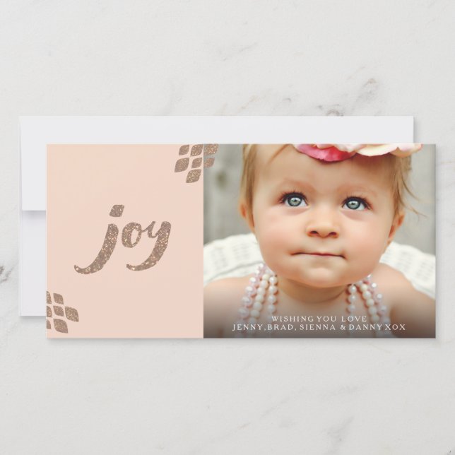 Peach & Bronze Glitter Joy Xmas Photo Card (Front)