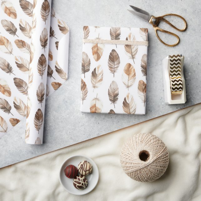 Peach Brown Cream Feathers Birthday Wrapping Paper (Crafts)