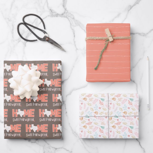 Peach & Brown Home, Sweet New Home - Texas Wrapping Paper Sheet (Front)