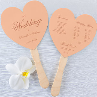 Peach Brown Wedding Program Simple Heart Script Hand Fan