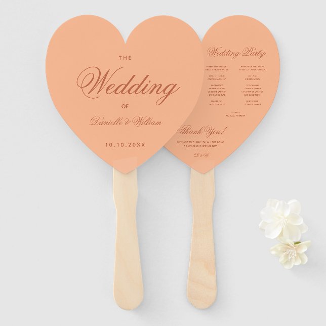 Peach Brown Wedding Program Simple Heart Script  Hand Fan (Front and Back)