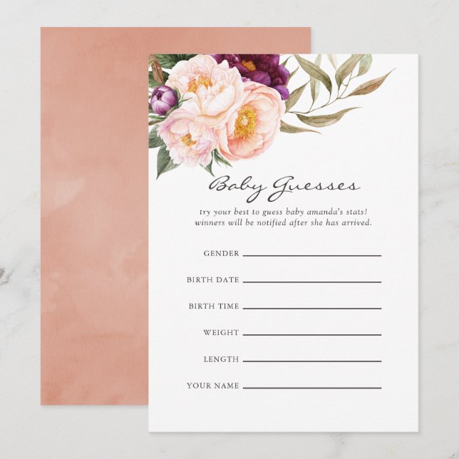 Peach & Burgundy Floral Baby Shower Guessing Game Invitation (Front/Back)
