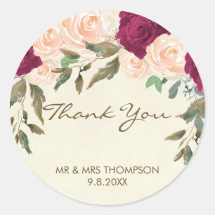 peach burgundy floral thank you favors sticker