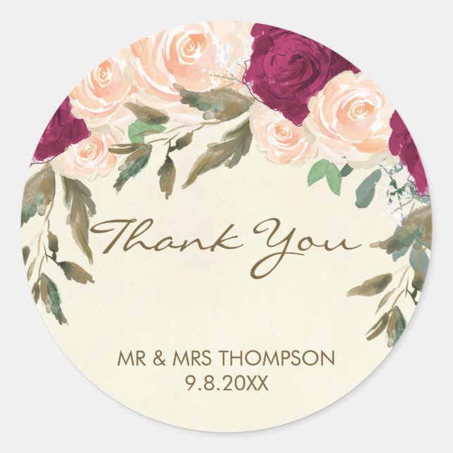 peach burgundy floral thank you favors sticker (Front)