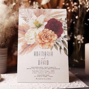 Peach Burgundy Floral Wedding Invitation