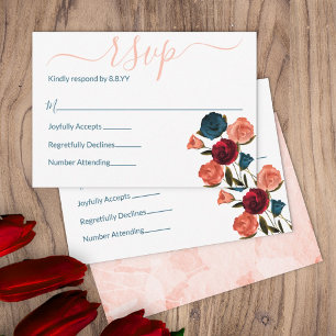 Peach, Burgundy, Teal Green Roses RSVP Advice Card