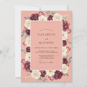 Peach Burgundy Watercolor Floral Wedding Invitation