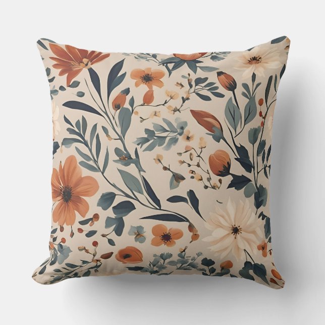 Peach Burnt Orange Navy Dusty Blue Floral Cushion (Front)