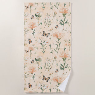 Peach Butterflies Floral Beach Towel