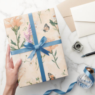 Peach Butterflies Floral Bridal Shower Wrapping Paper