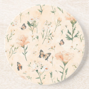 Peach Butterflies Floral Coaster