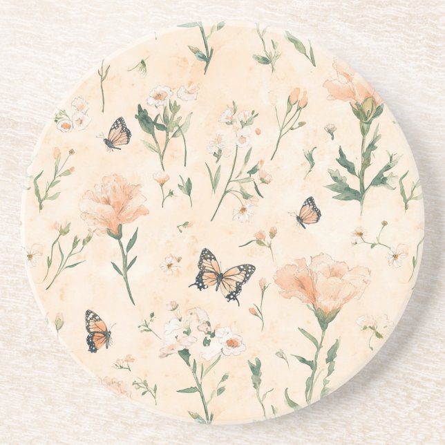 Peach Butterflies Floral Coaster (Front)