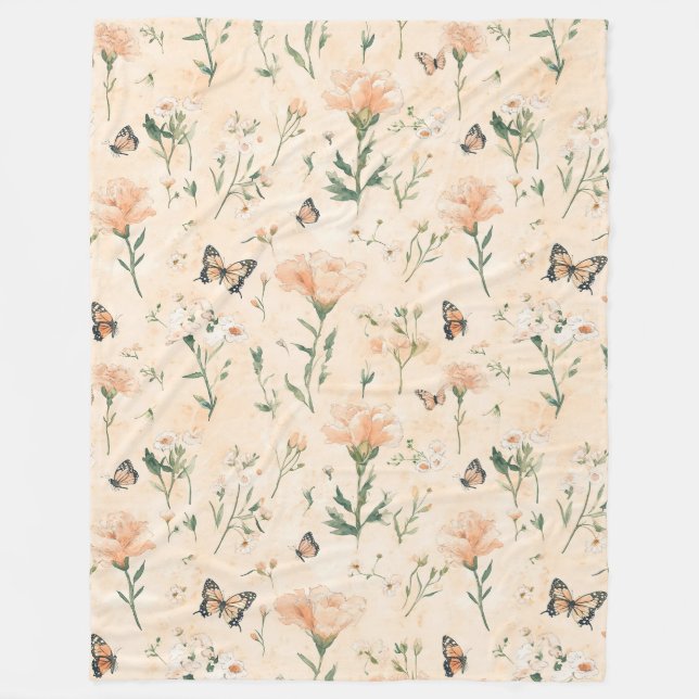 Peach Butterflies Floral Fleece Blanket (Front)