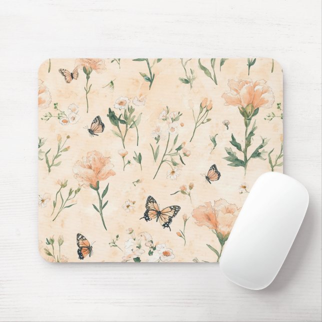 Peach Butterflies Floral Mouse Mat (With Mouse)