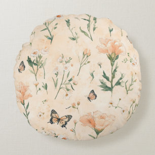 Peach Butterflies Floral Round Cushion