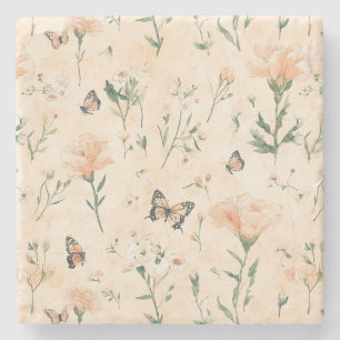 Peach Butterflies Floral Stone Coaster