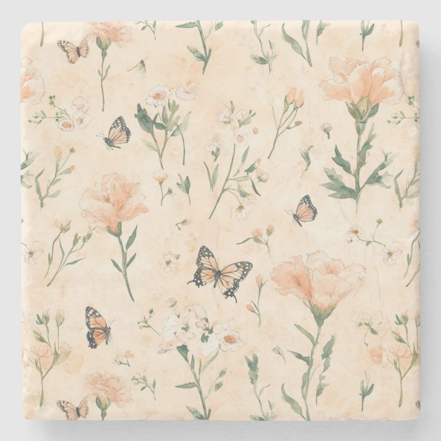 Peach Butterflies Floral Stone Coaster (Front)