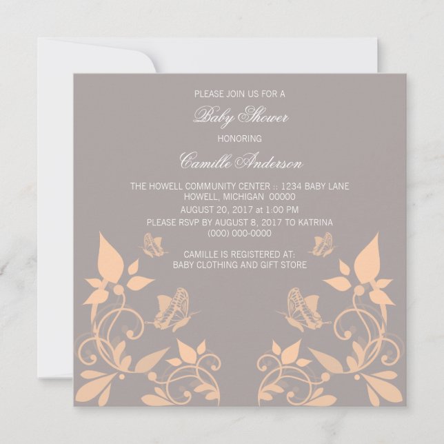 Peach Butterfly Floral Baby Shower Invite (Front)