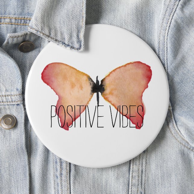 Peach butterfly with personalised 6 cm round badge (In Situ)