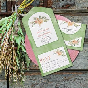 Peach cactus flowers, leaves green floral wedding all in one invitation