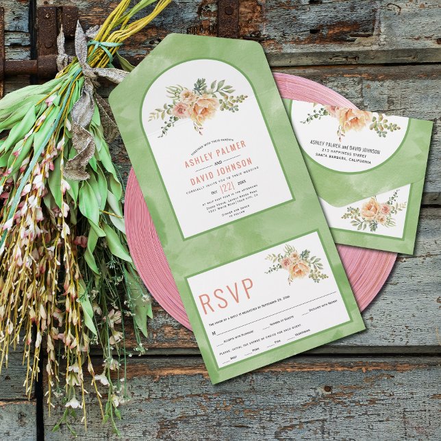Peach cactus flowers, leaves green floral wedding  all in one invitation (Creator Uploaded)