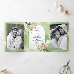 Peach cactus flowers, leaves green floral wedding Tri-Fold invitation