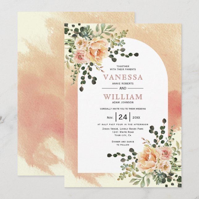Peach cactus flowers soft terracotta arch wedding  invitation (Front/Back)
