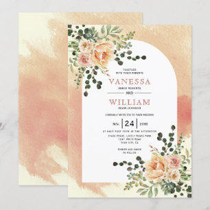 Peach cactus flowers soft terracotta arch wedding  invitation