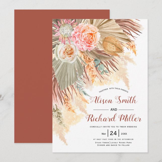 Peach cactus flowers soft terracotta arch wedding invitation (Front/Back)