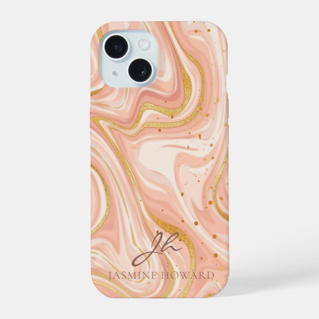 Peach Cake Marble Gold Glitter Customisable iPhone 15 Case (Back)