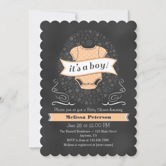 Peach Chalkboard Boy Baby Shower Invite (Front)