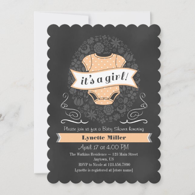 Peach Chalkboard Girl Baby Shower Invite (Front)