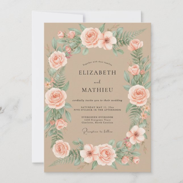 Peach Champagne Ranunculus Eucalyptus Wedding Invitation (Front)
