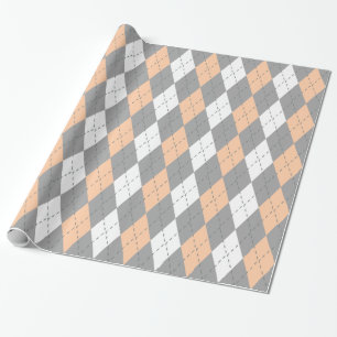 Peach Charcoal Dk Grey Wht XL Argyle Wrapping Paper