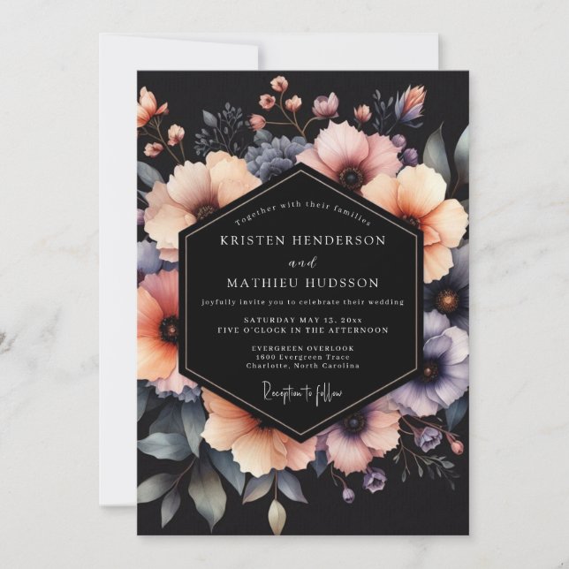 Peach Charcoal Dramatic Bloom Wedding Invitation (Front)