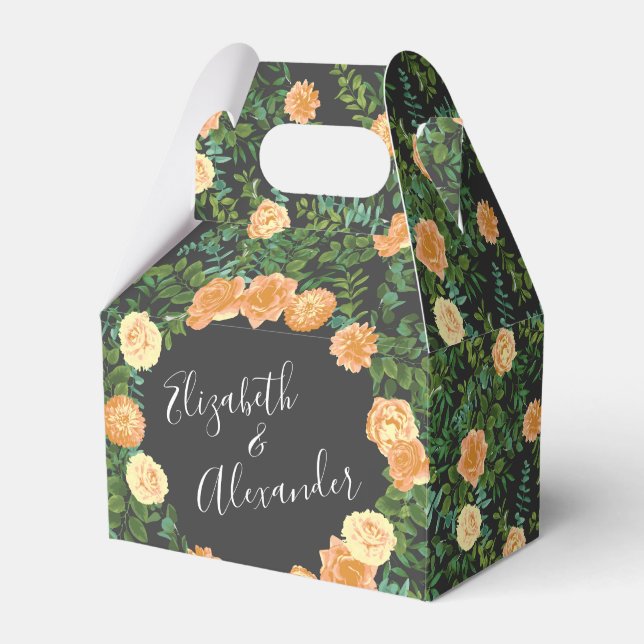 Peach & Charcoal Grey Peony & Rose Floral Wedding Favour Box (Front Side)