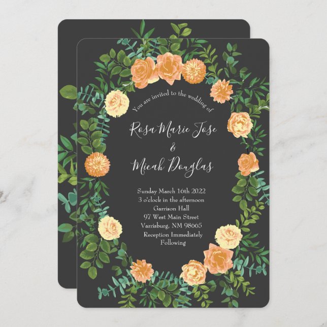 Peach & Charcoal Grey Peony & Rose Floral Wedding Invitation (Front/Back)