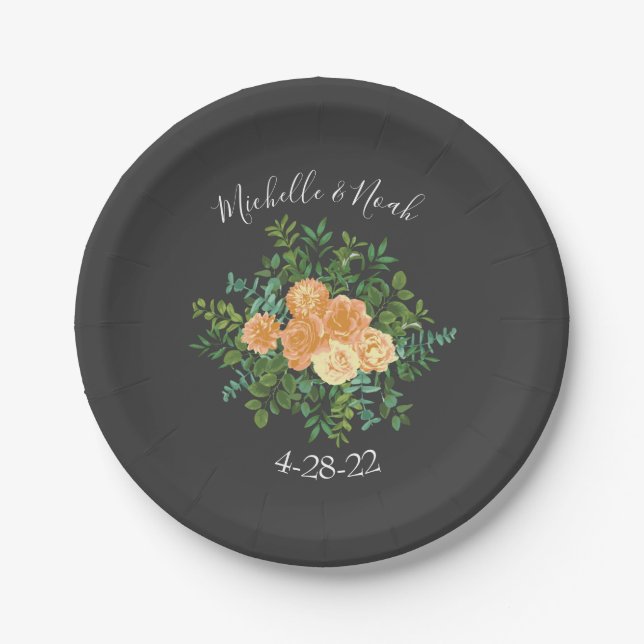 Peach & Charcoal Grey Peony & Rose Floral Wedding Paper Plate (Front)