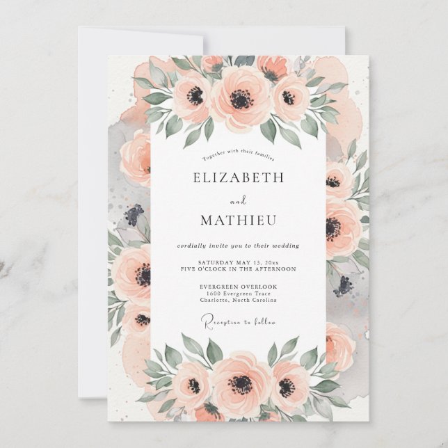 Peach Charming Botanical Wedding Invitation (Front)