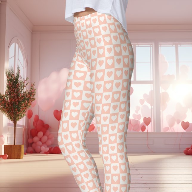 Peach Chequerboard Heart Valentine's Day Leggings (Creator Uploaded)