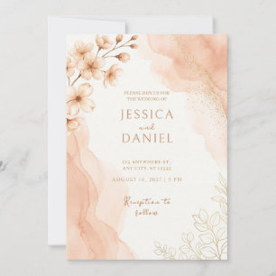 Peach Cherry Blossom Gold Wedding Invitation