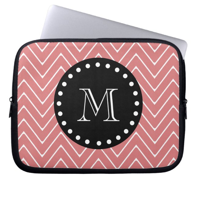Peach Chevron Pattern | Black Monogram Laptop Sleeve (Front)